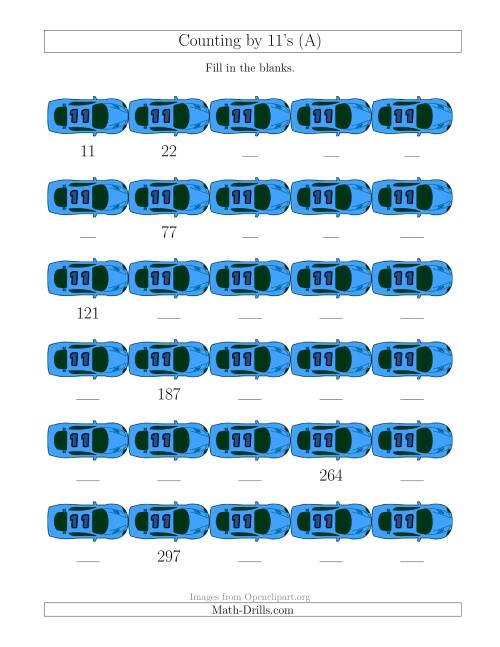 The Counting by 11's with Cars (All) Math Worksheet