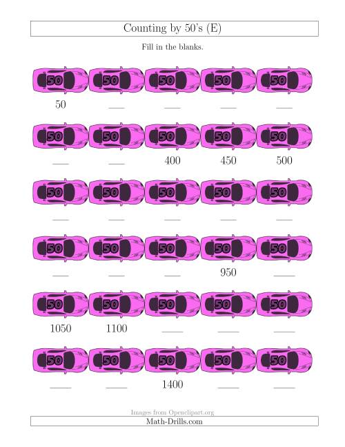 The Counting by 50's with Cars (E) Math Worksheet