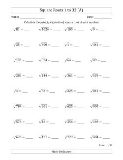 Principal Square Roots 1 to 32