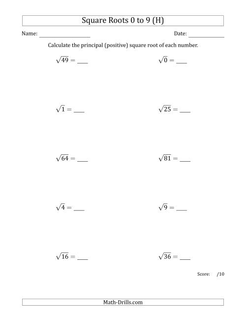 The Principal Square Roots 0 to 9 (H) Math Worksheet