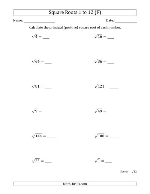 The Principal Square Roots 1 to 12 (F) Math Worksheet