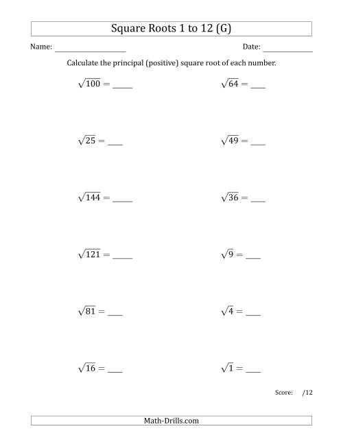 The Principal Square Roots 1 to 12 (G) Math Worksheet