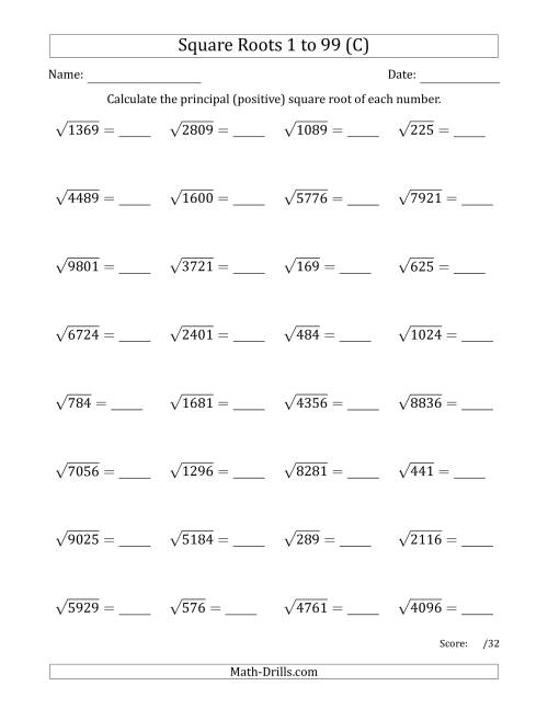 The Principal Square Roots 1 to 99 (C) Math Worksheet