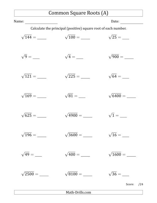 The Principal Square Roots (Common) (A) Math Worksheet
