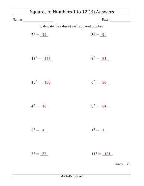 The Squares of Numbers from 1 to 12 (E) Math Worksheet Page 2