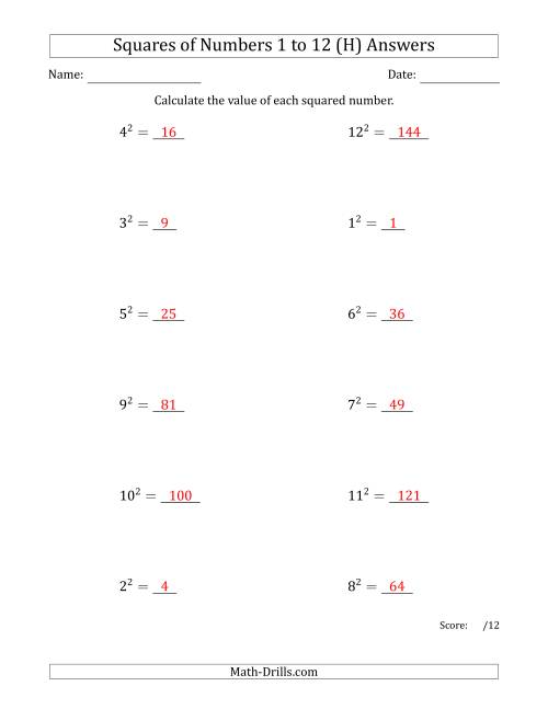 The Squares of Numbers from 1 to 12 (H) Math Worksheet Page 2