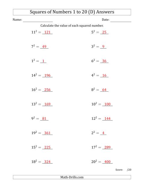 The Squares of Numbers from 1 to 20 (D) Math Worksheet Page 2
