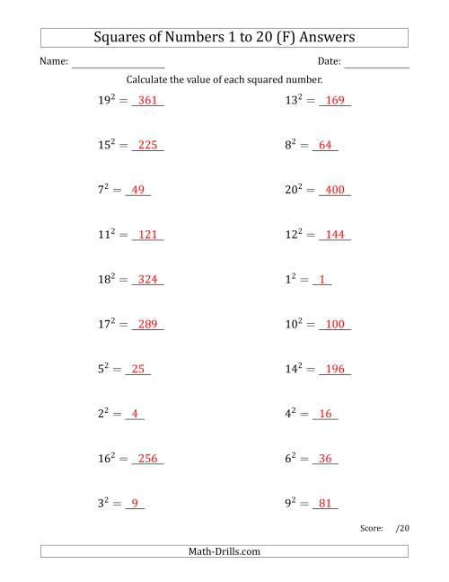 The Squares of Numbers from 1 to 20 (F) Math Worksheet Page 2