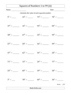 Squares of Numbers from 1 to 99