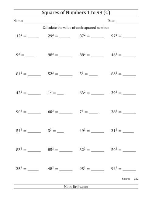 The Squares of Numbers from 1 to 99 (C) Math Worksheet