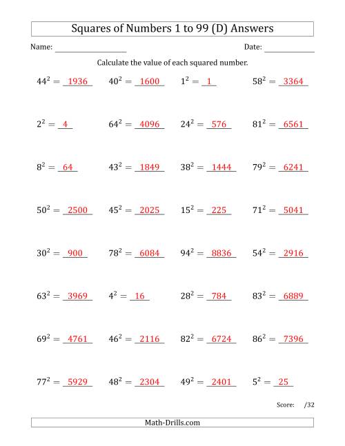 The Squares of Numbers from 1 to 99 (D) Math Worksheet Page 2