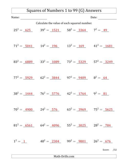 The Squares of Numbers from 1 to 99 (G) Math Worksheet Page 2