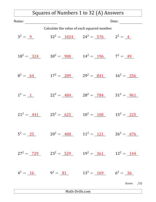 Squares of Numbers from 1 to 32 (All)