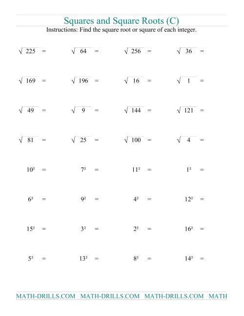The Squares and Square Roots (C) Math Worksheet