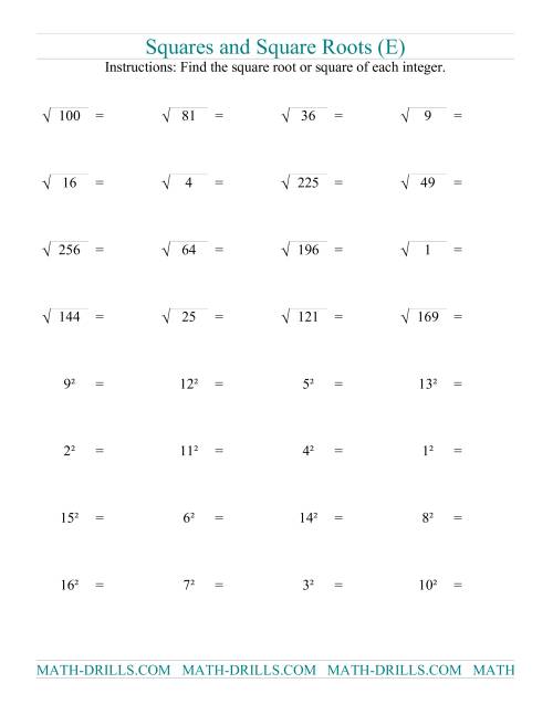 The Squares and Square Roots (E) Math Worksheet