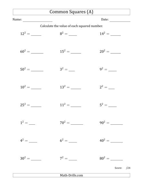 Numbers Squared Worksheets