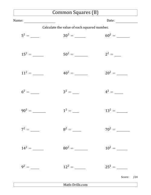 The Commonly Squared Numbers (B) Math Worksheet