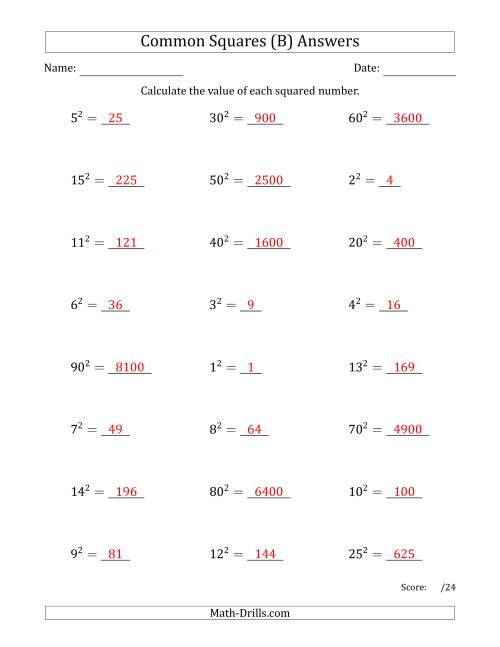 The Commonly Squared Numbers (B) Math Worksheet Page 2