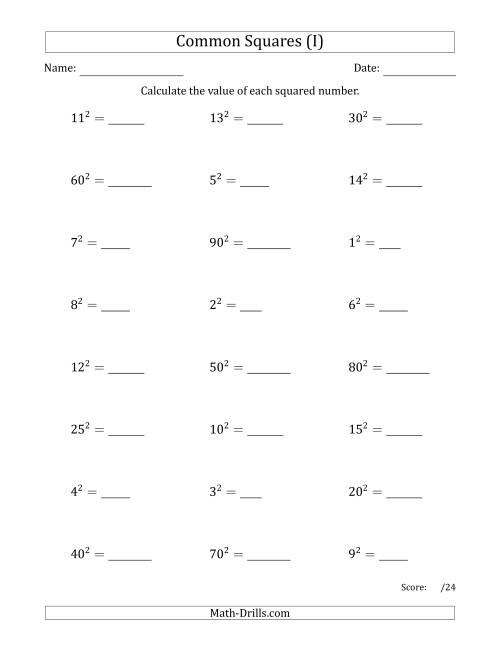 The Commonly Squared Numbers (I) Math Worksheet