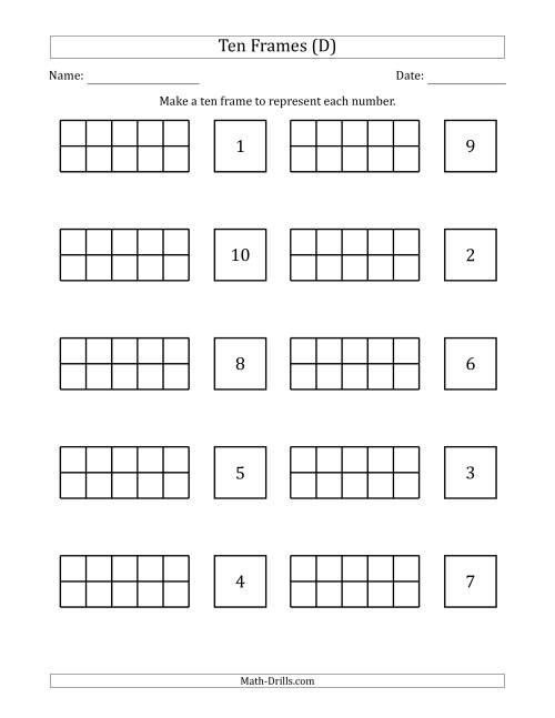 The Blank Ten Frames with the Numbers in Random Order (D) Math Worksheet