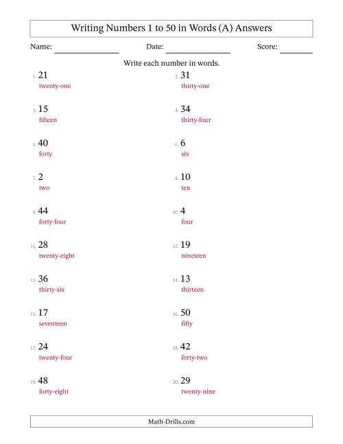 Writing Numbers 1 To 50 In Words A 