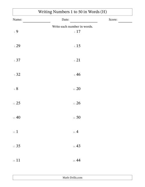 The Writing Numbers 1 to 50 in Words (H) Math Worksheet