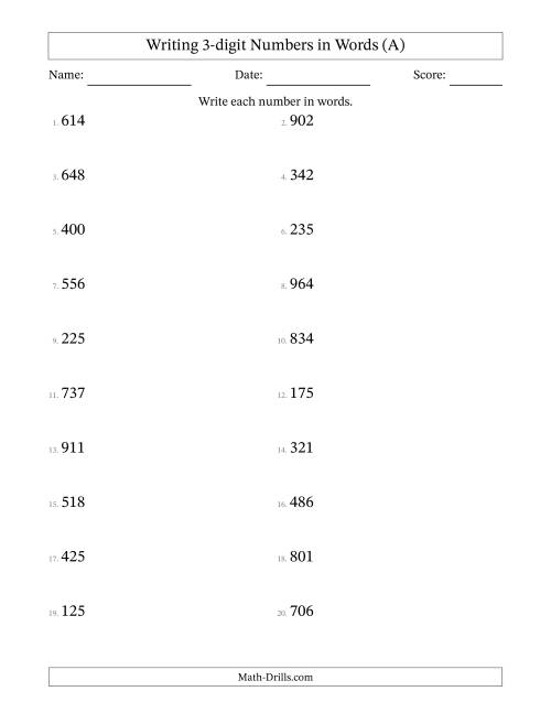 Writing 3 digit Numbers In Words A 