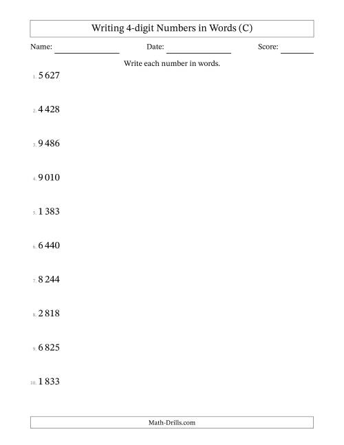 The Writing 4-digit Numbers in Words (SI Format) (C) Math Worksheet