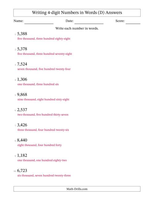 The Writing 4-digit Numbers in Words (D) Math Worksheet Page 2