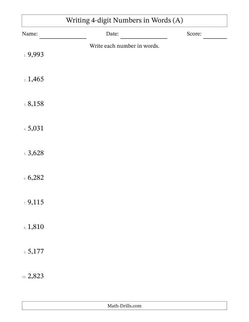 The Writing 4-digit Numbers in Words (All) Math Worksheet