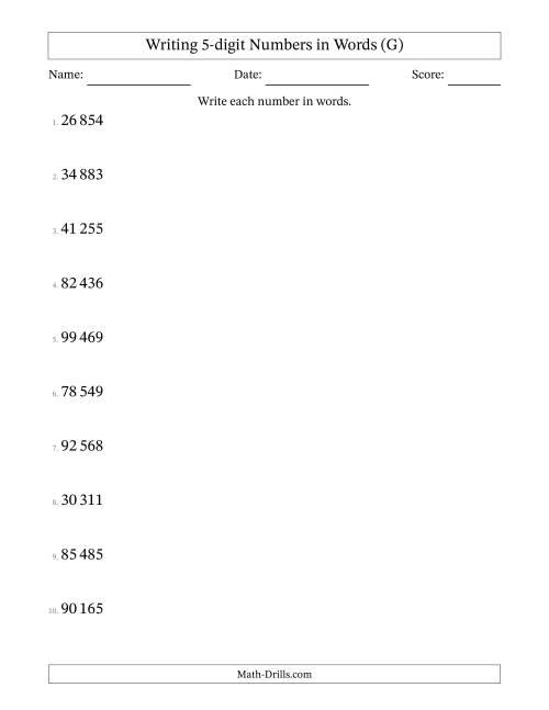 The Writing 5-digit Numbers in Words (SI Format) (G) Math Worksheet