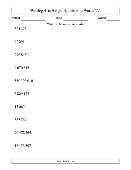 The Writing 5- to 9-digit Numbers in Words (SI Format) (A) Math Worksheet