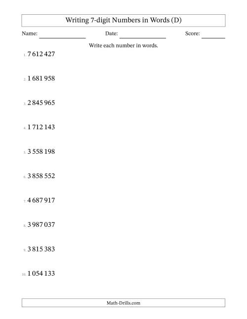 The Writing 7-digit Numbers in Words (SI Format) (D) Math Worksheet