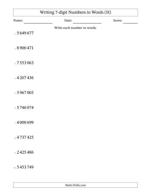 The Writing 7-digit Numbers in Words (SI Format) (H) Math Worksheet