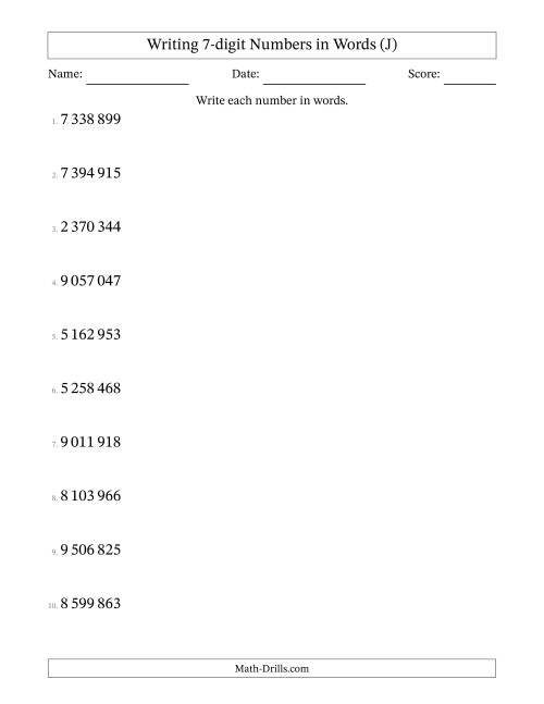 The Writing 7-digit Numbers in Words (SI Format) (J) Math Worksheet
