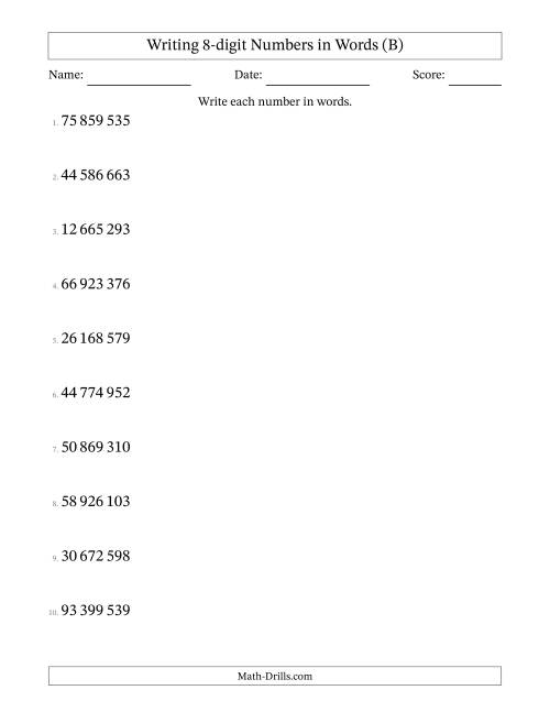 The Writing 8-digit Numbers in Words (SI Format) (B) Math Worksheet