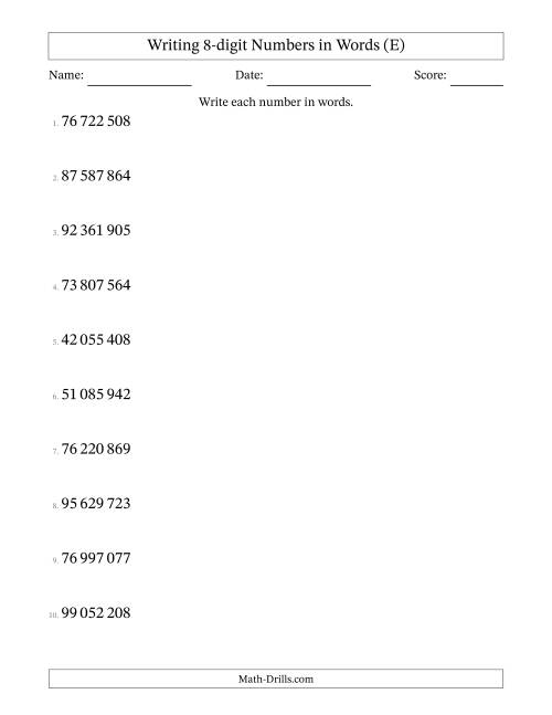 The Writing 8-digit Numbers in Words (SI Format) (E) Math Worksheet