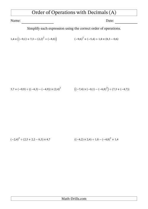 The Order of Operations with Negative and Positive Decimals (Five Steps; Comma Decimal Format) (A) Math Worksheet