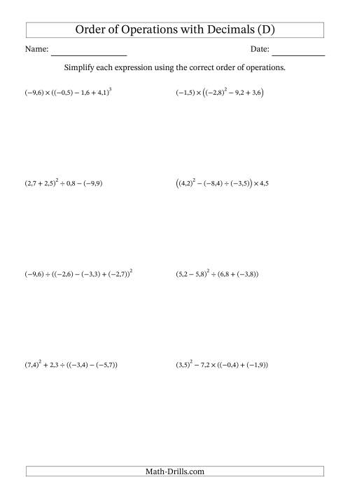 The Order of Operations with Negative and Positive Decimals (Four Steps; Comma Decimal Format) (D) Math Worksheet