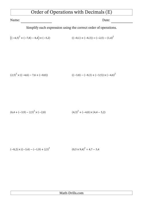 The Order of Operations with Negative and Positive Decimals (Four Steps; Comma Decimal Format) (E) Math Worksheet