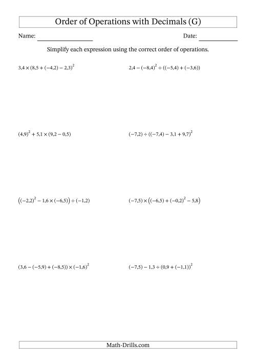 The Order of Operations with Negative and Positive Decimals (Four Steps; Comma Decimal Format) (G) Math Worksheet