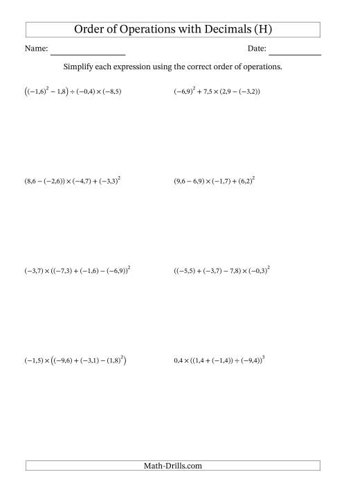 The Order of Operations with Negative and Positive Decimals (Four Steps; Comma Decimal Format) (H) Math Worksheet