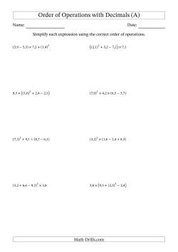 Order of Operations with Positive Decimals (Four Steps; Comma Decimal Format)