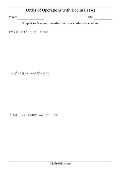 The Order of Operations with Negative and Positive Decimals (Six Steps; Comma Decimal Format) (A) Math Worksheet