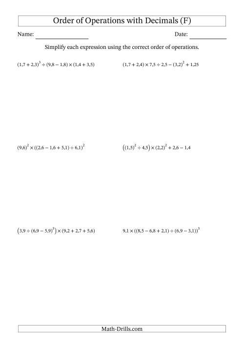 The Order of Operations with Positive Decimals (Six Steps; Comma Decimal Format) (F) Math Worksheet