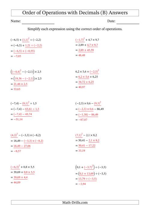 The Order of Operations with Negative and Positive Decimals (Three Steps; Comma Decimal Format) (B) Math Worksheet Page 2