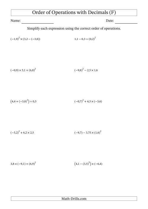 The Order of Operations with Negative and Positive Decimals (Three Steps; Comma Decimal Format) (F) Math Worksheet