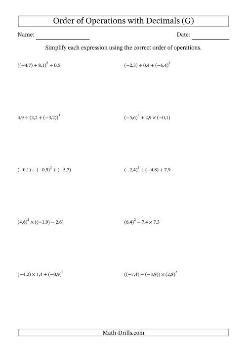 The Order of Operations with Negative and Positive Decimals (Three Steps; Comma Decimal Format) (G) Math Worksheet