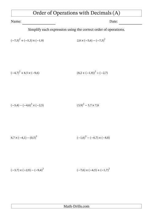 The Order of Operations with Negative and Positive Decimals (Three Steps; Comma Decimal Format) (All) Math Worksheet