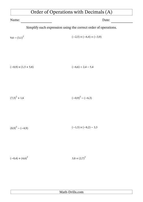 The Order of Operations with Negative and Positive Decimals (Two Steps; Comma Decimal Format) (A) Math Worksheet
